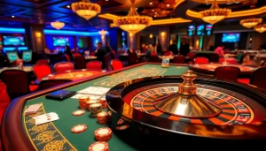 Players enjoying the excitement at kp88.com casino table with vibrant chips and roulette wheel.