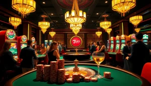 Players enjoy thrilling games at 7c77 casino, surrounded by dazzling slot machines and vibrant atmosphere.