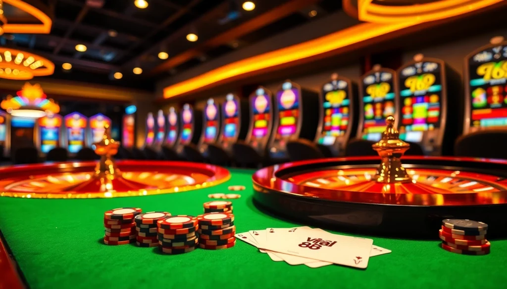 Viral88 online gambling scene with roulette wheel and vibrant poker chips