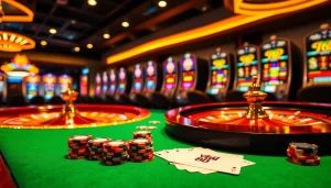 Viral88 online gambling scene with roulette wheel and vibrant poker chips