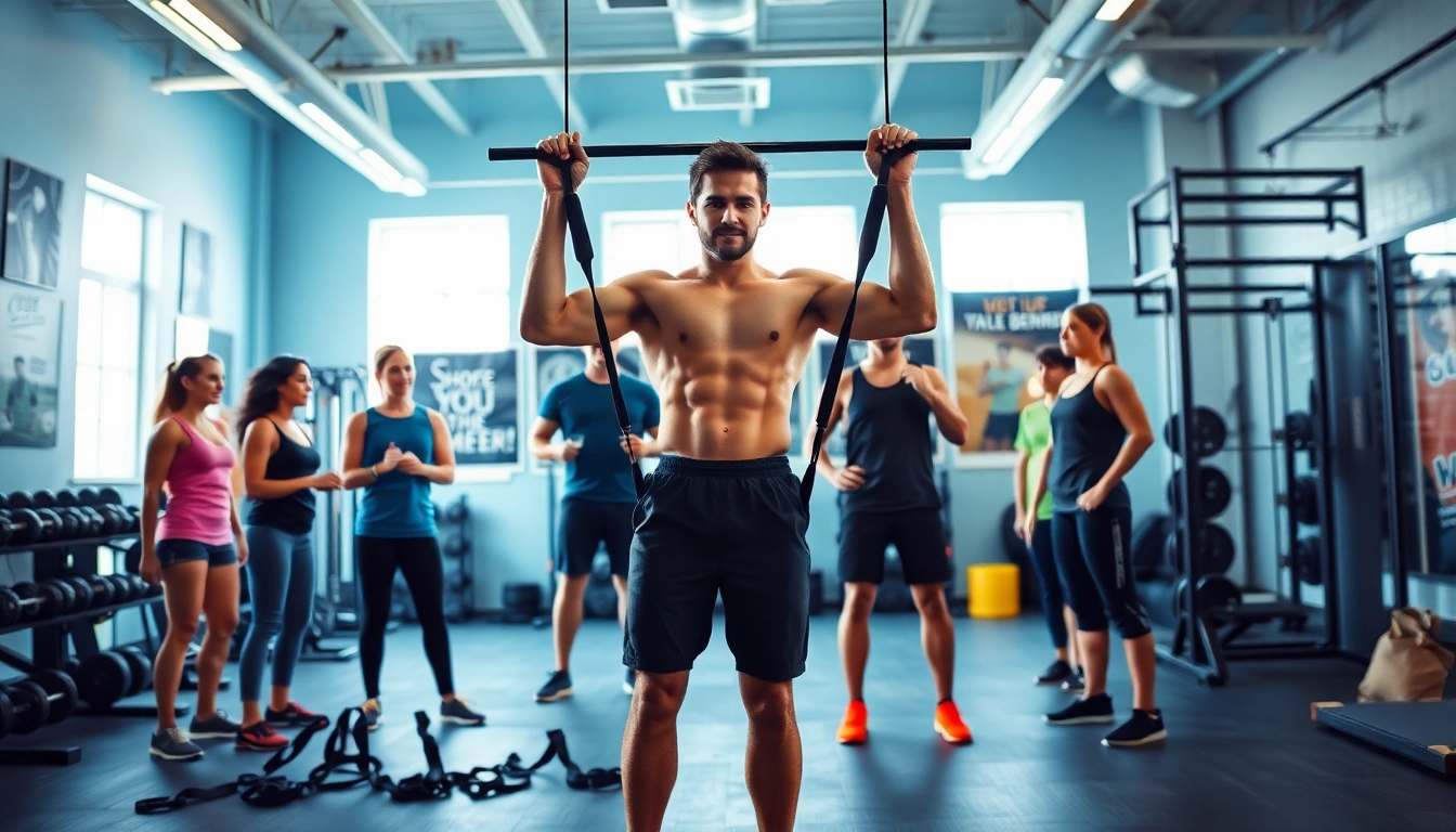 Trainer using a pull-up assist band with enthusiastic beginners in a vibrant gym.
