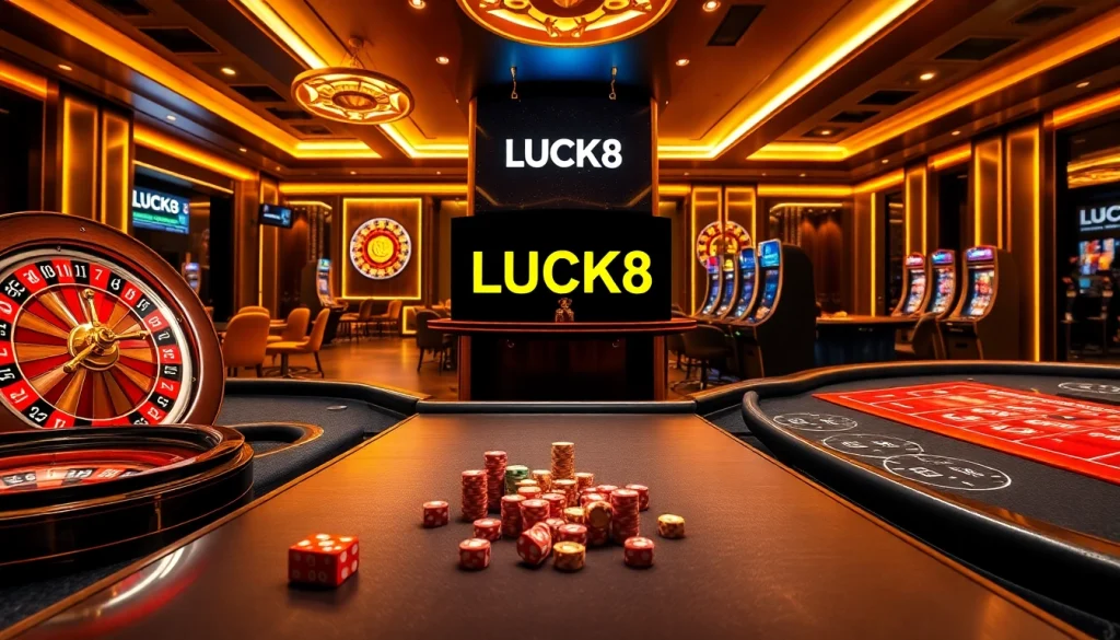 Trải nghiệm cảm giác hồi hộp cùng LUCK8 với hình ảnh casino sống động, gồm bánh xe roulette, chip poker và máy đánh bạc.