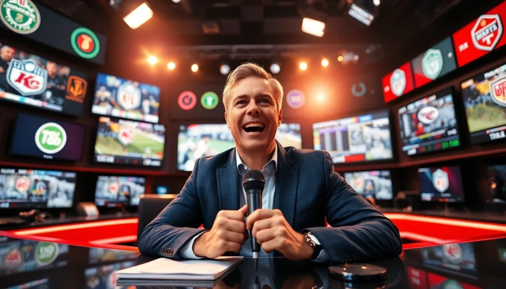 Engaging sports broadcasting scene with a commentator and live game feeds showcasing Sports Broadcasting.