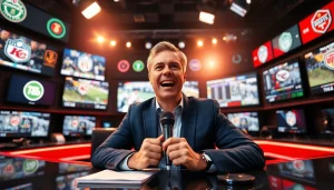 Engaging sports broadcasting scene with a commentator and live game feeds showcasing Sports Broadcasting.