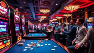 Engaged players celebrating a win with slot deposit 1000 at vibrant casino machines.