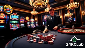 Trải nghiệm cảm giác hồi hộp tại 24kclub trên bàn chơi casino sang trọng với những quân chip poker đầy màu sắc.