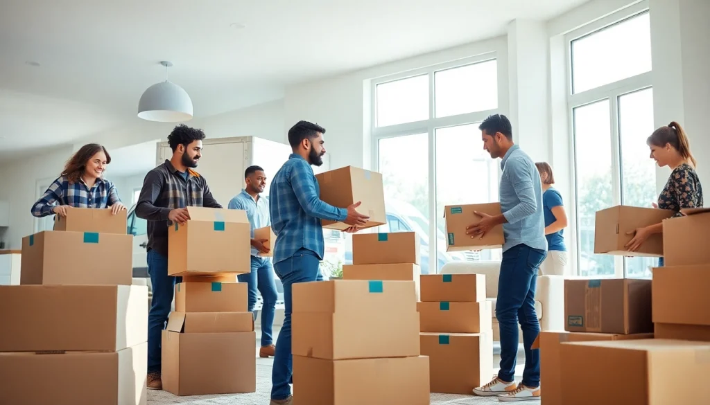 Home Movers expertly packing and lifting boxes in a bright living room, symbolizing a seamless relocation process.