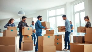 Home Movers expertly packing and lifting boxes in a bright living room, symbolizing a seamless relocation process.