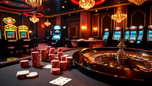 Lương Sơn TV offers a vibrant gaming atmosphere with a lavish poker table framed by luxury decor, creating an immersive gambling experience.