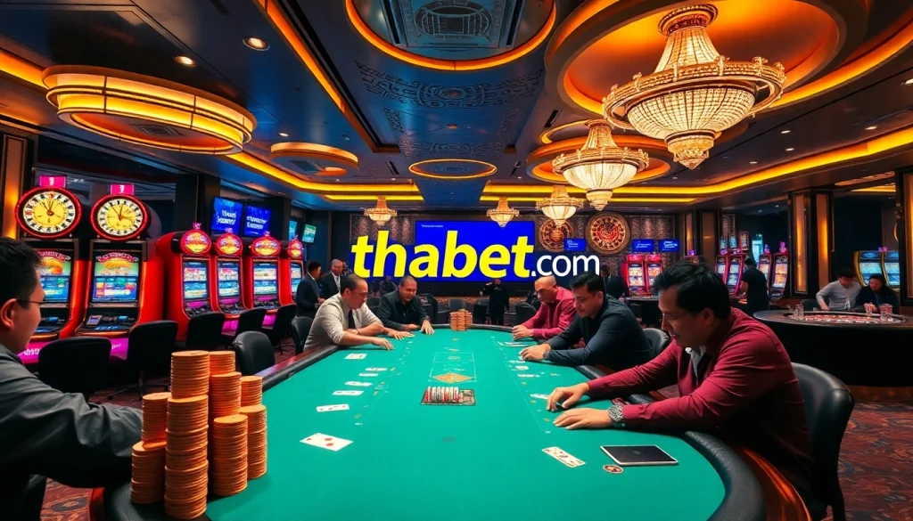 Exciting poker game at a luxurious casino featuring thabet com branding and vibrant atmosphere.