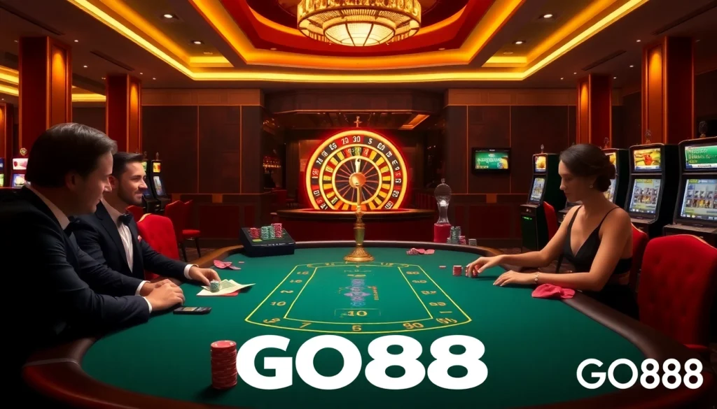 Experience the thrill of GO88 with luxurious casino tables and vibrant gambling action.