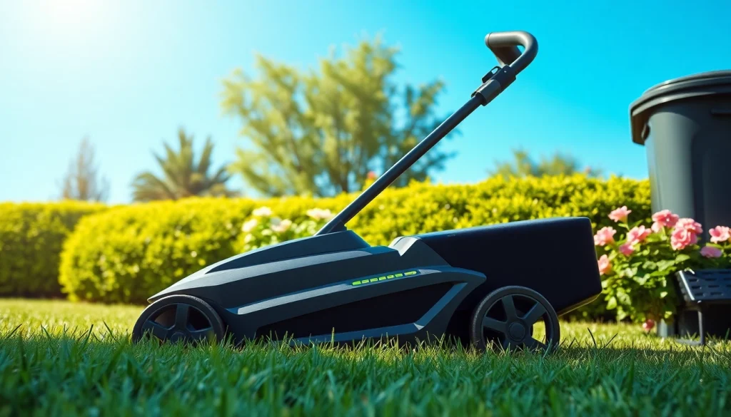 Electric lawn mower cordless in a lush garden setting with flowers and sunlight.