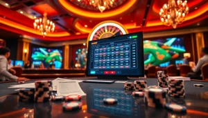 Sbobet online sports betting atmosphere with a roulette wheel and vibrant poker chips on display