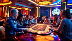 Experience the excitement of רמיקוב אונליין with vibrant players at a stylish casino table.