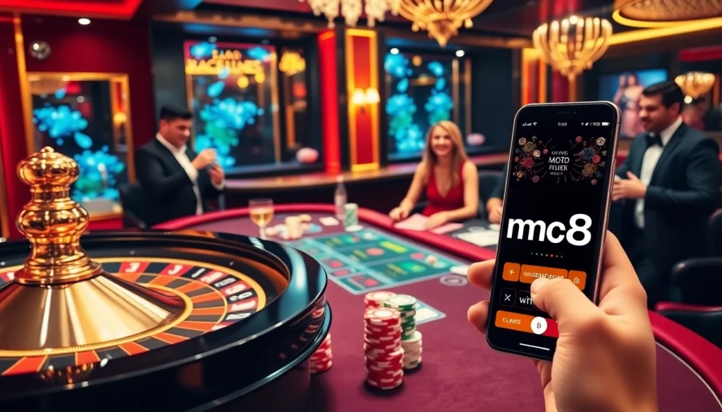 Experience the excitement of mm88 at a vibrant casino scene featuring roulette and poker games.