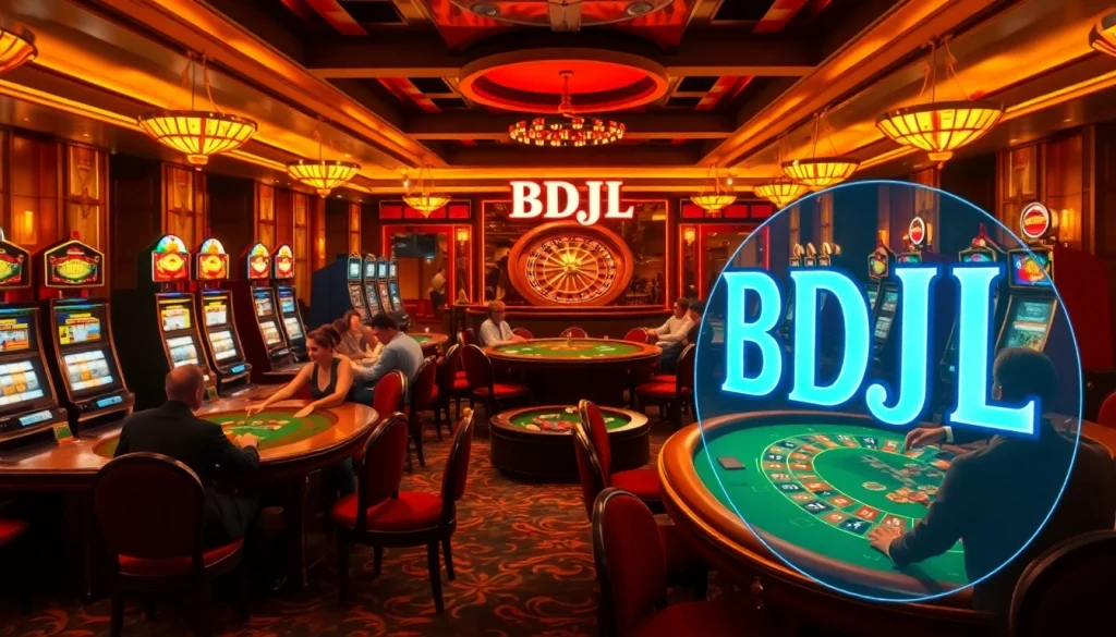 Engaging BDJL poker players at luxurious casino tables with vibrant slot machines.