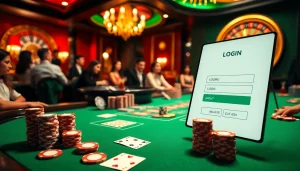 Login to the casino as players enjoy poker and roulette in a vibrant atmosphere.