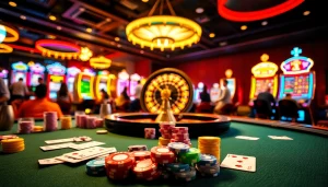 Players enjoying a thrilling game scene at https://uu88ae.com/, featuring poker chips and vibrant slot machines.