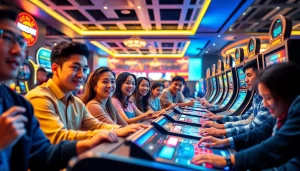 LAGAGAME77 online gaming scene with diverse players enjoying thrilling slot and card games.