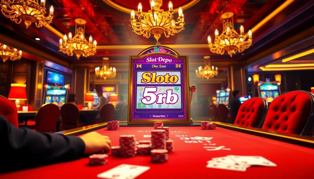 Player engaging with a luxurious slot machine in a vibrant casino ambiance highlighting slot depo 5rb.