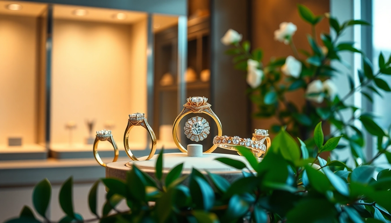 スタイリッシュな宝飾店で展示された洗練された結婚指輪の美しさとエレガンスを強調