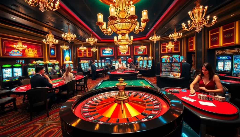 VMAX lively casino scene featuring a roulette wheel, poker tables, and vibrant chips.