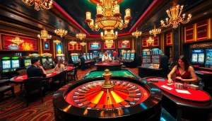 VMAX lively casino scene featuring a roulette wheel, poker tables, and vibrant chips.
