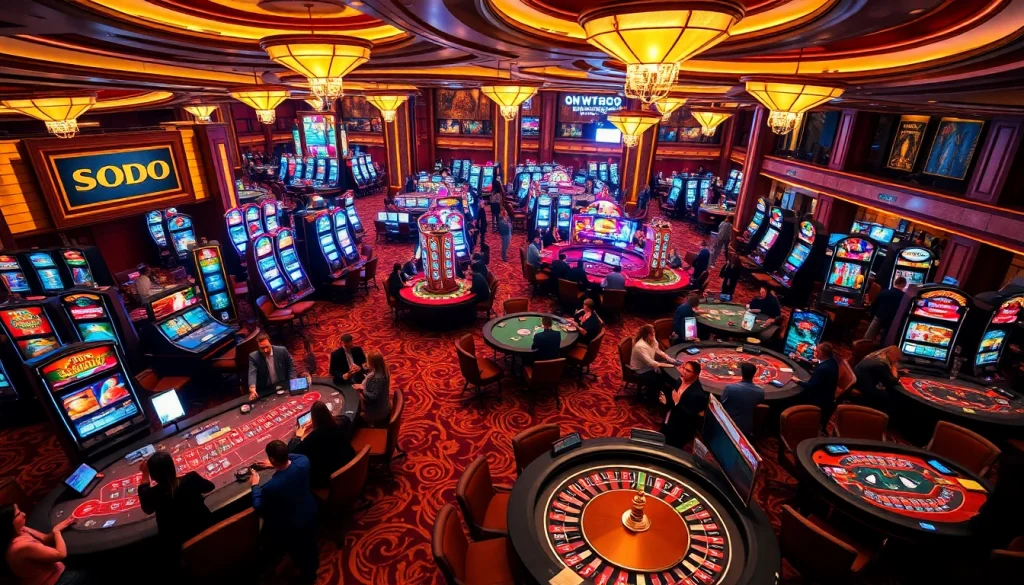 SODO casino gamers celebrate at roulette and poker tables, showcasing a vibrant gaming atmosphere.