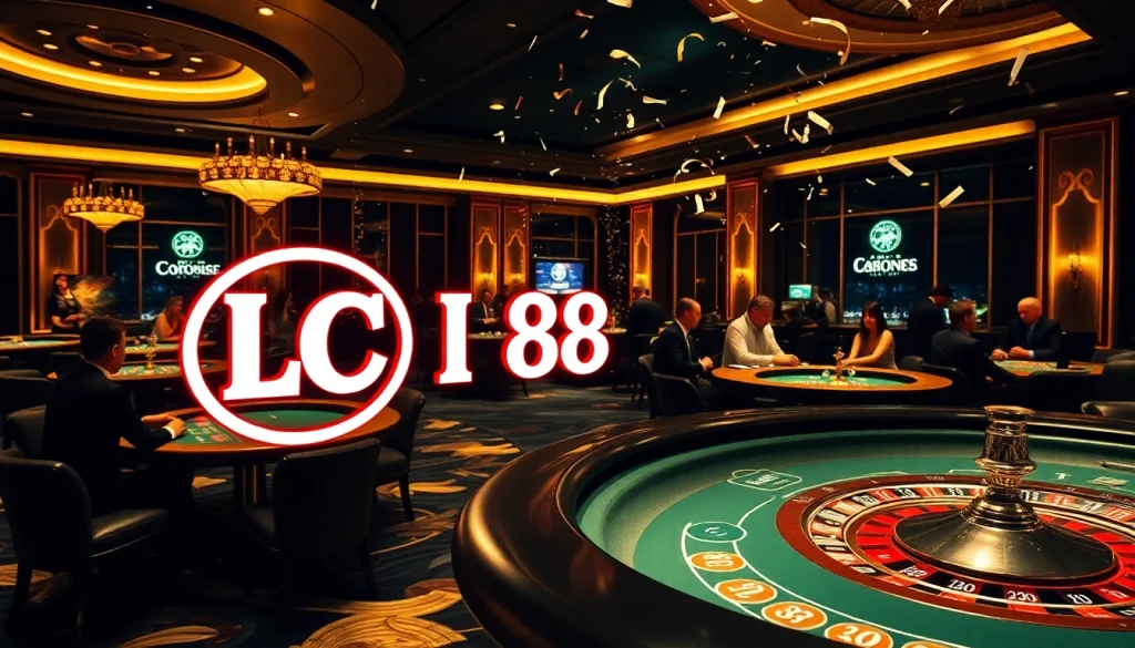 Experience the thrill of Lc 88 with luxurious casino games and vibrant players celebrating winnings.