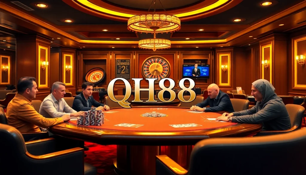 Players engage at a high-stakes QH88 casino poker table, showcasing strategy and excitement.