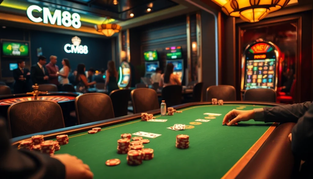 Experience the excitement of CM88 at a luxurious poker table, featuring vibrant casino elements.