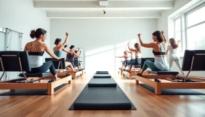 最新のピラティスマシンを使用する多様な参加者を紹介するおすすめのマシンピラティスセッション。