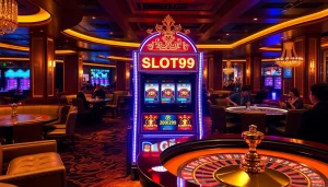 SLOT99 slot machine lighting up excitement in a luxury casino setting with players around