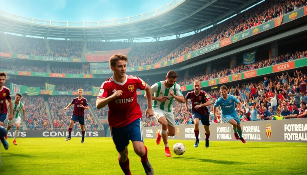 مباراة كرة قدم مثيرة أثناء بث كورة لايف، تلتقط اللاعبين والمشجعين في أجواء ملعب حيوية.