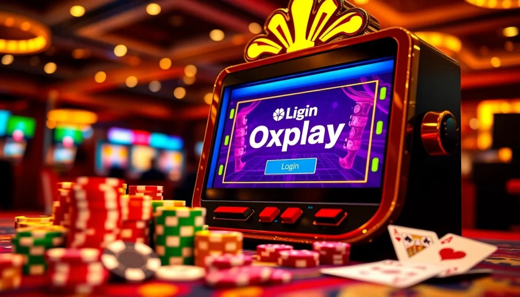 Experience excitement at Oxplay login with vibrant slots, poker chips, and colorful dice.