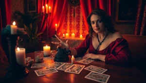 タロットカードを携えた親しみやすい占い師を描く、視聴者に電話占い 当たるを探求してもらう魅力的な場面