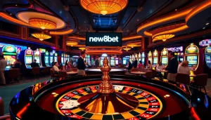 Exciting casino scene featuring players and games at new88bet, highlighting roulette tables and vibrant slot machines.