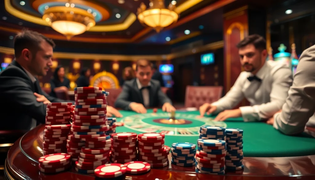 Poker players at a high-stakes table in an elegant casino environment showcasing 5z777 excitement.