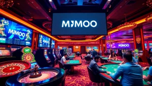 Experience thrilling gameplay at MMOO's luxurious casino environment filled with vibrant tables and slot machines.