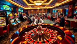 Exciting gameplay at iwin club with players at the roulette table, vibrant casino atmosphere.