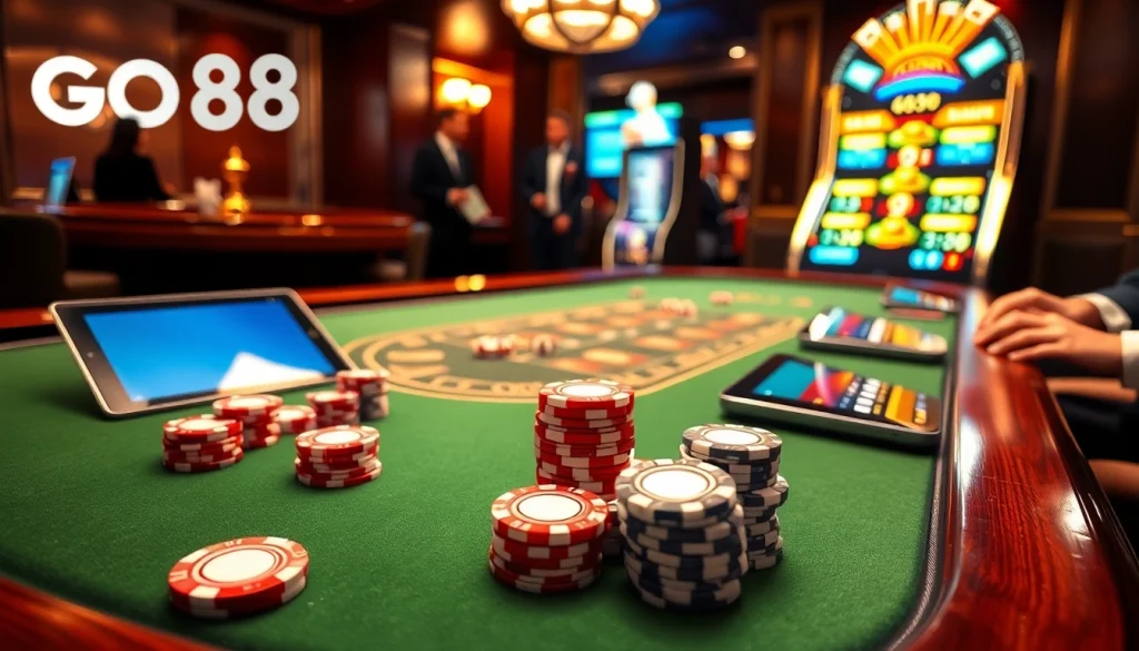 Experience excitement at the GO88 poker table, showcasing high-stakes gameplay and luxurious casino elements.