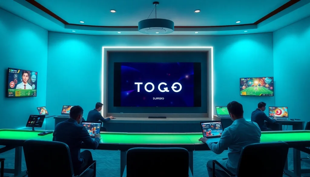 Lingkungan permainan Togel Sumo online dengan antarmuka digital dan pemain yang terlibat.