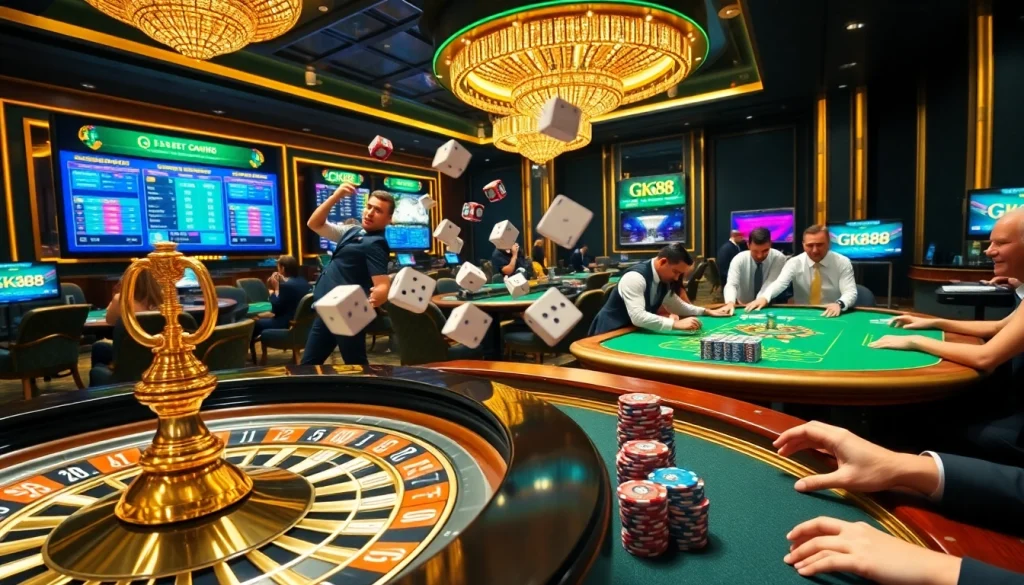 Experience excitement in a casino with GK88-themed poker chips and vibrant gaming tables.