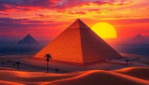 View the Great Pyramid of Giza illuminated at sunset on https://piraminds.com/ with lush desert surroundings.