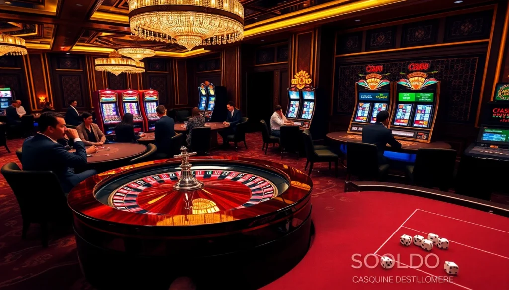 SODO casino scene featuring roulette table, poker players, and vibrant slot machines.