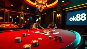 Experience the thrill of poker at ok88's dynamic casino table with vibrant gameplay.