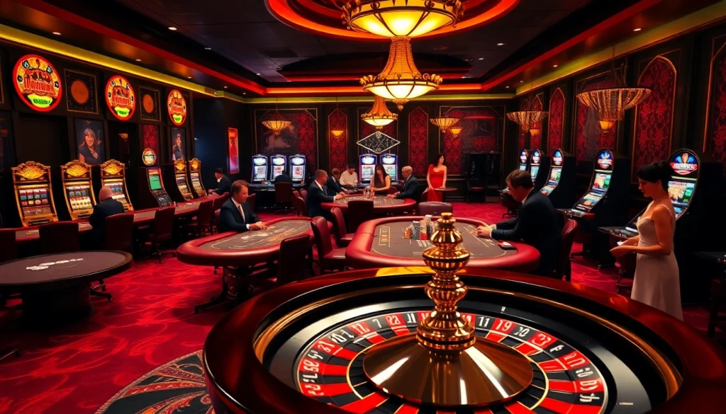 Experience the excitement of a top club casino with vibrant tables and players engaged in thrilling games.