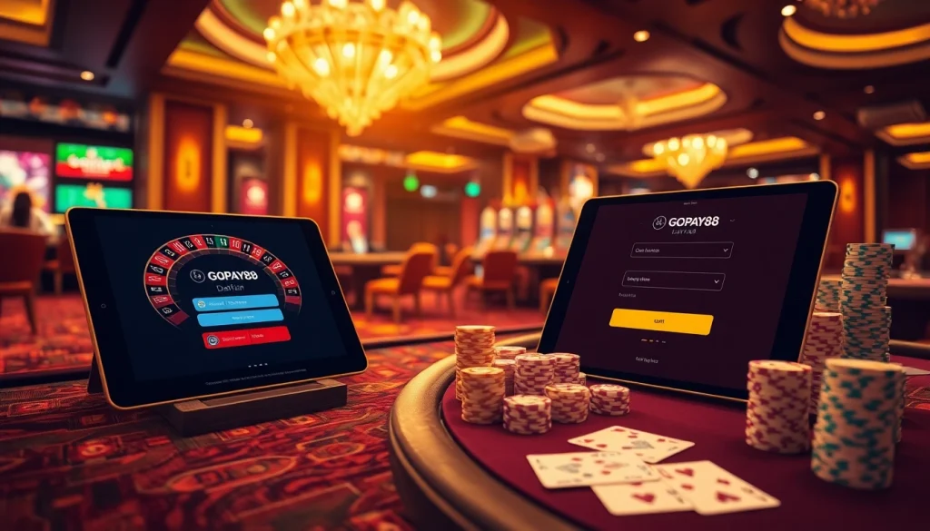 Gopay88 Daftar interface shown on a luxury casino table with poker chips.