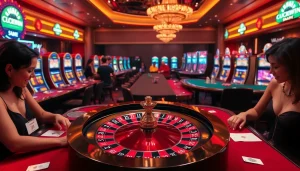 Experience the excitement at Luckywin's lavish casino with vibrant roulette and engaging players.