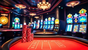 Play Baccarat live at https://okfun.bar/, surrounded by vibrant casino elements and elegant dealer interactions.